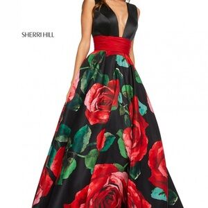 Sherri Hill Black and Red Rose Print Dress